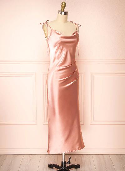 A-Line Cowl Neck Ankle-Length Sexy Satin Short Bridesmaid Dresses With Split Front