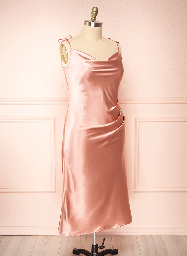 A-Line Cowl Neck Ankle-Length Sexy Satin Short Bridesmaid Dresses With Split Front