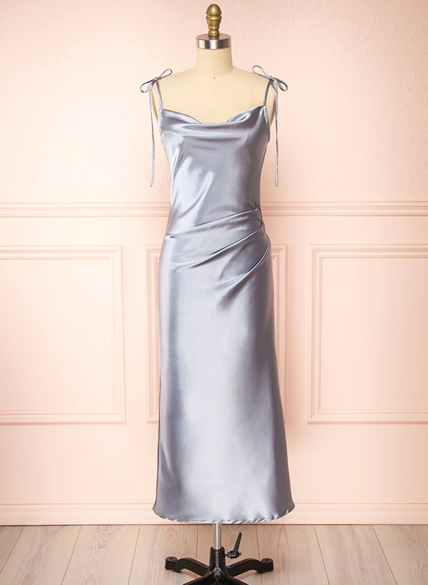 A-Line Cowl Neck Ankle-Length Sexy Short Satin Bridesmaid Dresses With Split Front