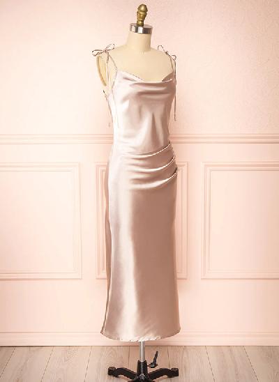 A-Line Cowl Neck Ankle-Length Sexy Short Satin Bridesmaid Dresses With Split Front