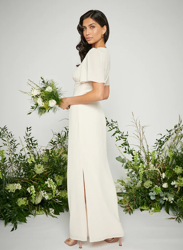 A-Line V-neck Short Sleeves Elegant Chiffon Bridesmaid Dresses With Split Front