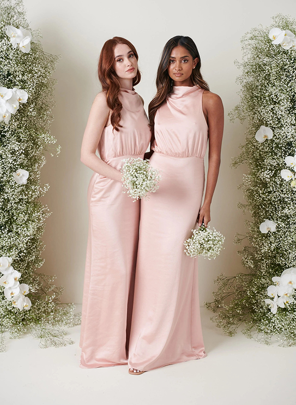 Sheath/Column Cowl Neck Sleeveless Floor-Length Elegant Satin Bridesmaid Dresses