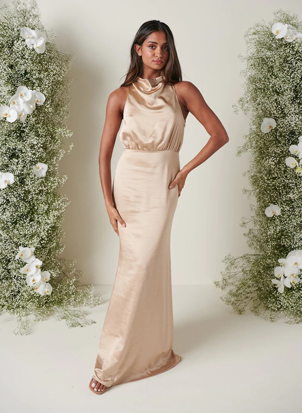 Sheath/Column Cowl Neck Short Sleeves Floor-Length Satin Bridesmaid Dresses