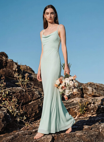 Sheath/Column Cowl Neck Sleeveless Floor-Length Chiffon Bridesmaid Dresses With Back Hole