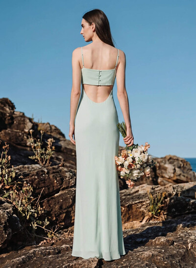 Sheath/Column Cowl Neck Sleeveless Floor-Length Chiffon Bridesmaid Dresses With Back Hole