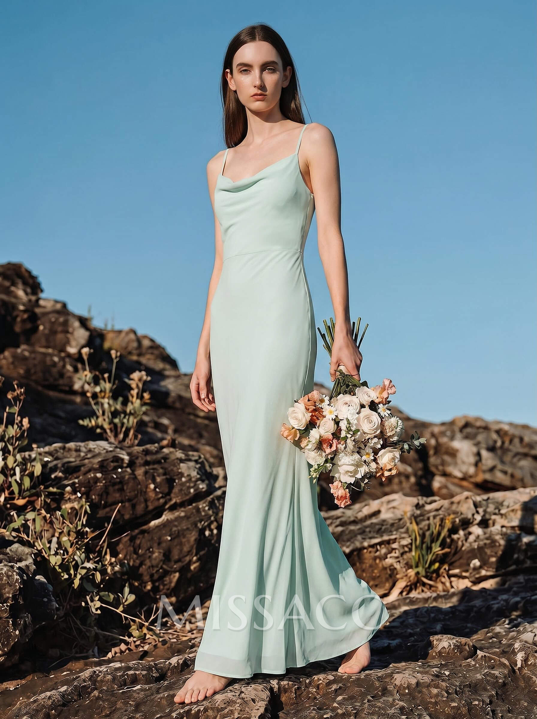 Sheath/Column Cowl Neck Sleeveless Floor-Length Chiffon Bridesmaid Dresses With Back Hole