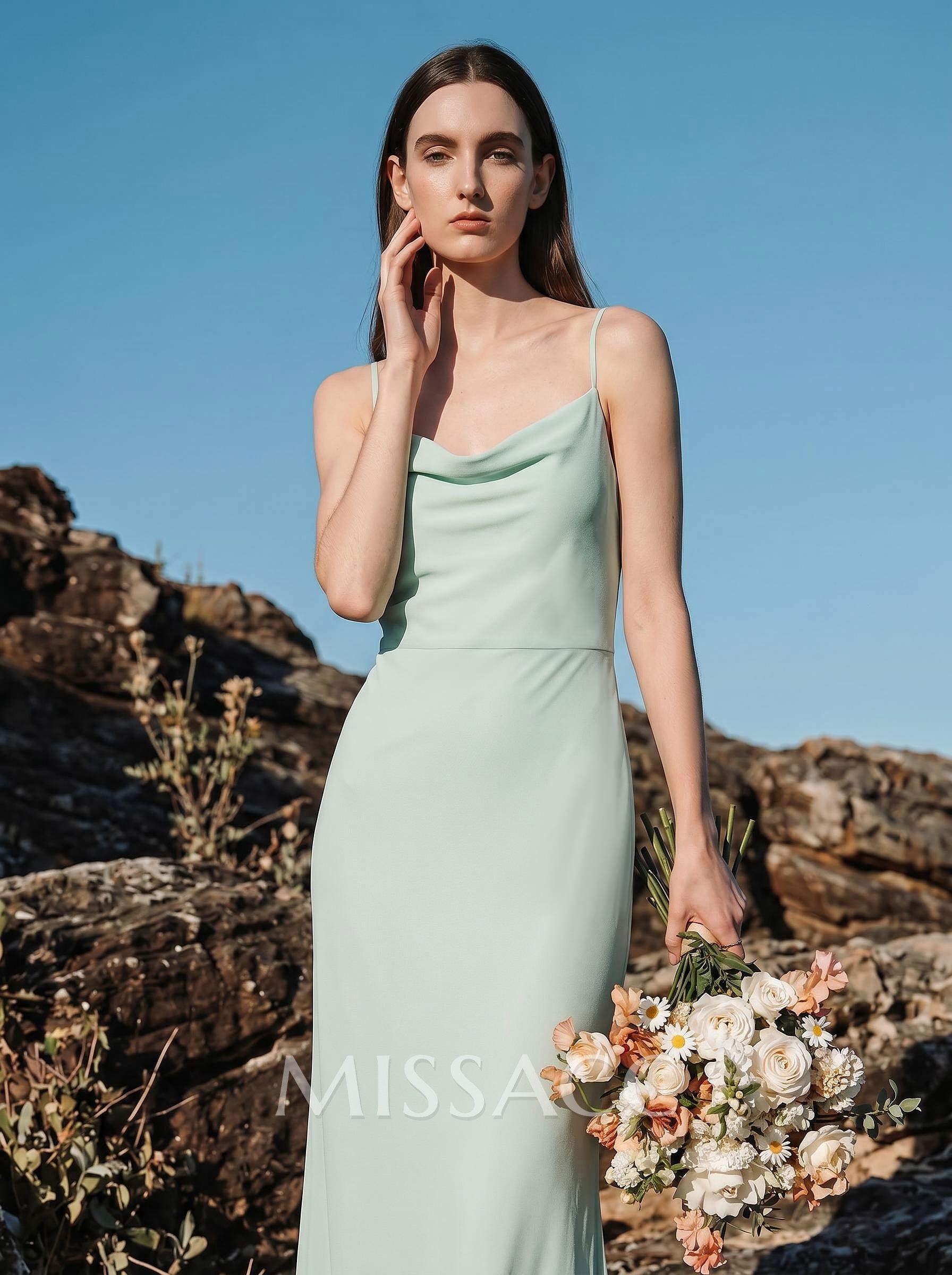 Sheath/Column Cowl Neck Sleeveless Floor-Length Chiffon Bridesmaid Dresses With Back Hole