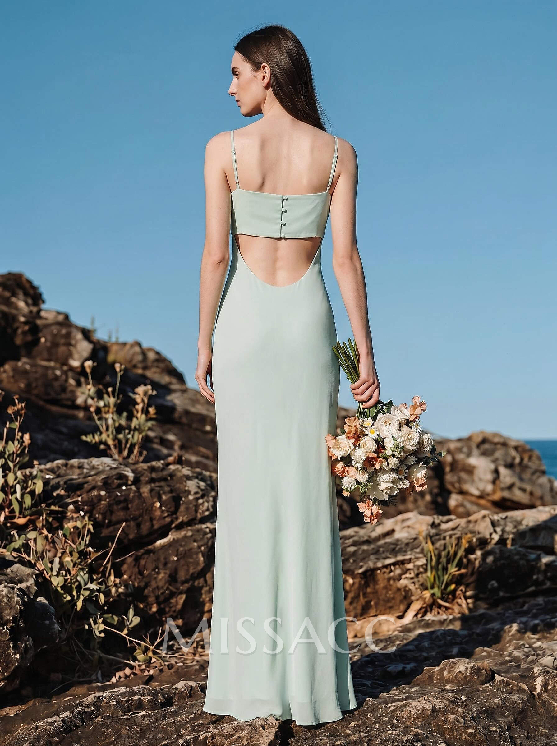 Sheath/Column Cowl Neck Sleeveless Floor-Length Chiffon Bridesmaid Dresses With Back Hole