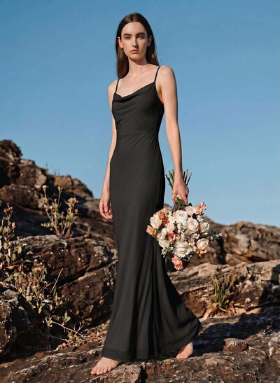 Sheath/Column Cowl Neck Sleeveless Floor-Length Chiffon Bridesmaid Dresses With Back Hole