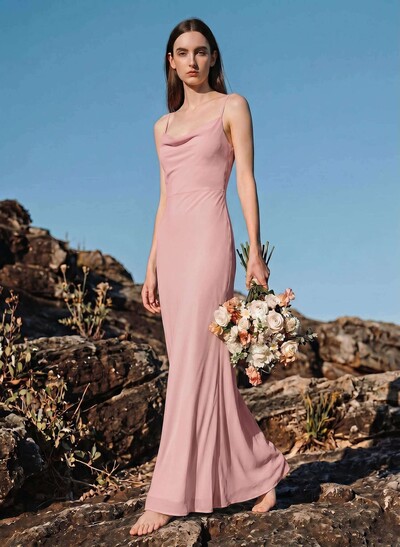 Sheath/Column Cowl Neck Sleeveless Floor-Length Chiffon Bridesmaid Dresses With Back Hole