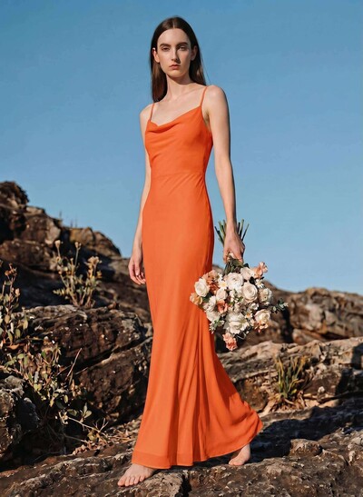Sheath/Column Cowl Neck Sleeveless Floor-Length Chiffon Bridesmaid Dresses With Back Hole