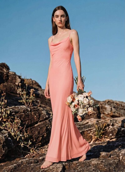 Sheath/Column Cowl Neck Sleeveless Floor-Length Chiffon Bridesmaid Dresses With Back Hole