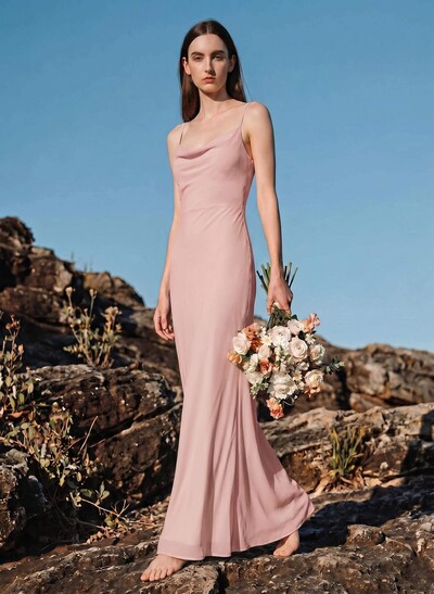 Sheath/Column Cowl Neck Sleeveless Floor-Length Chiffon Bridesmaid Dresses With Back Hole