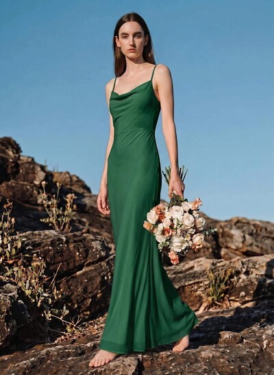 Sheath/Column Cowl Neck Sleeveless Floor-Length Chiffon Bridesmaid Dresses With Back Hole
