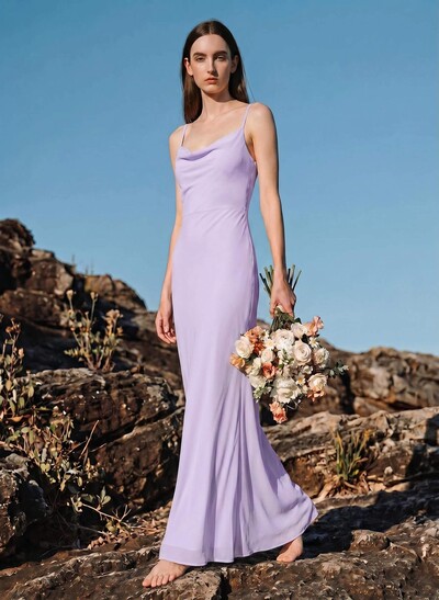 Sheath/Column Cowl Neck Sleeveless Floor-Length Chiffon Bridesmaid Dresses With Back Hole
