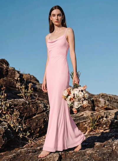 Sheath/Column Cowl Neck Sleeveless Floor-Length Chiffon Bridesmaid Dresses With Back Hole