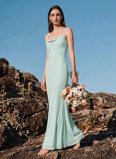 Sheath/Column Cowl Neck Sleeveless Floor-Length Chiffon Bridesmaid Dresses With Back Hole
