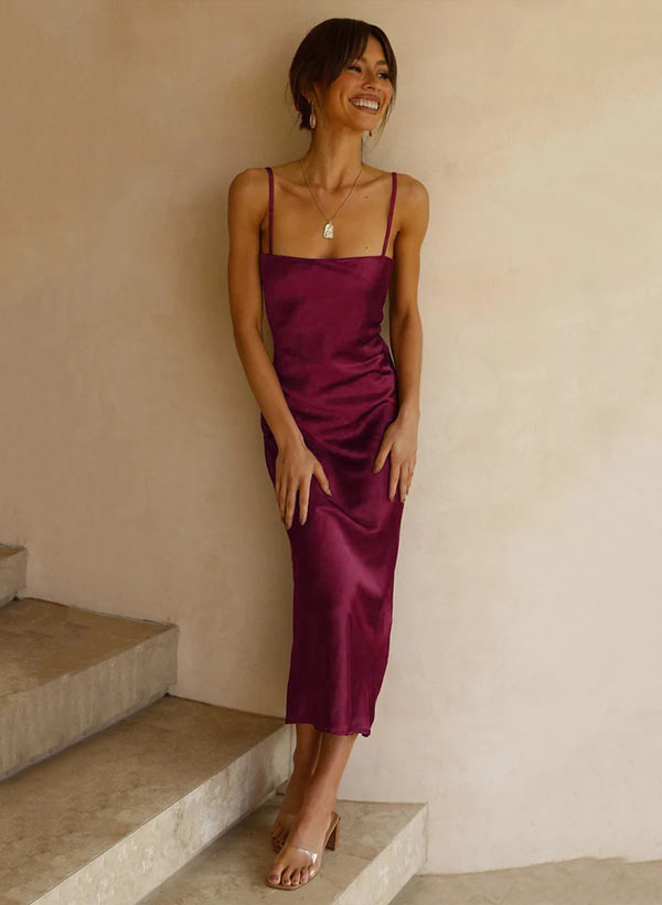 Sheath/Column Sleeveless Tea-Length Silk Like Satin Bridesmaid Dresses