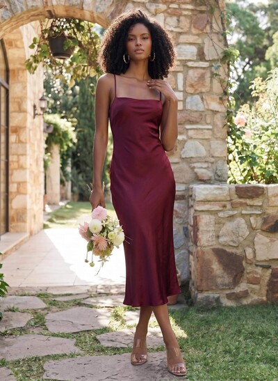 Sheath/Column Sleeveless Tea-Length Silk Like Satin Bridesmaid Dresses
