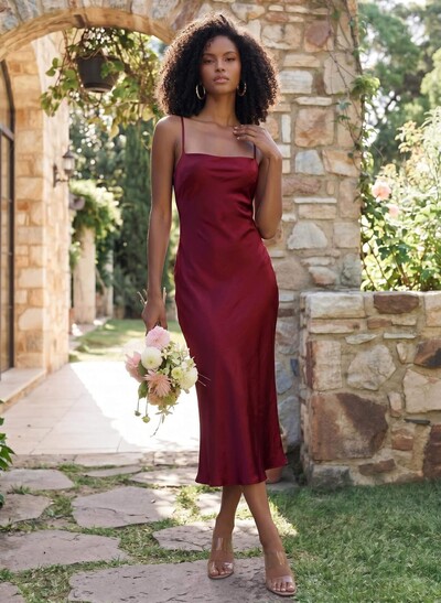 Sheath/Column Sleeveless Tea-Length Silk Like Satin Bridesmaid Dresses