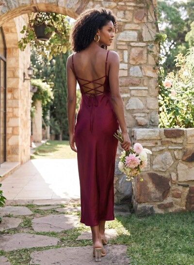 Sheath/Column Sleeveless Tea-Length Silk Like Satin Bridesmaid Dresses