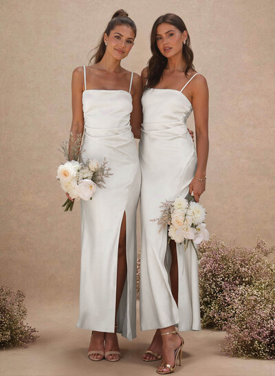 Sheath Sleeveless Tea-Length Charmeuse Bridesmaid Dresses With Split Front