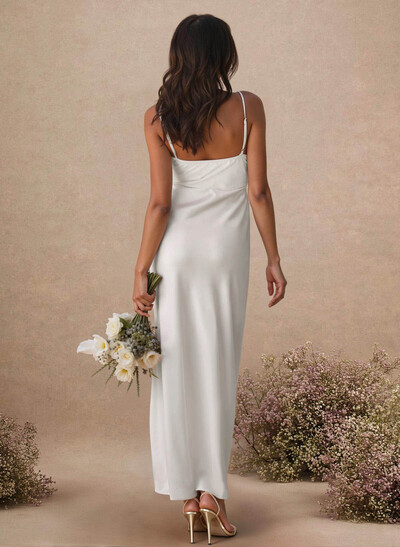 Sheath Sleeveless Tea-Length Charmeuse Bridesmaid Dresses With Split Front