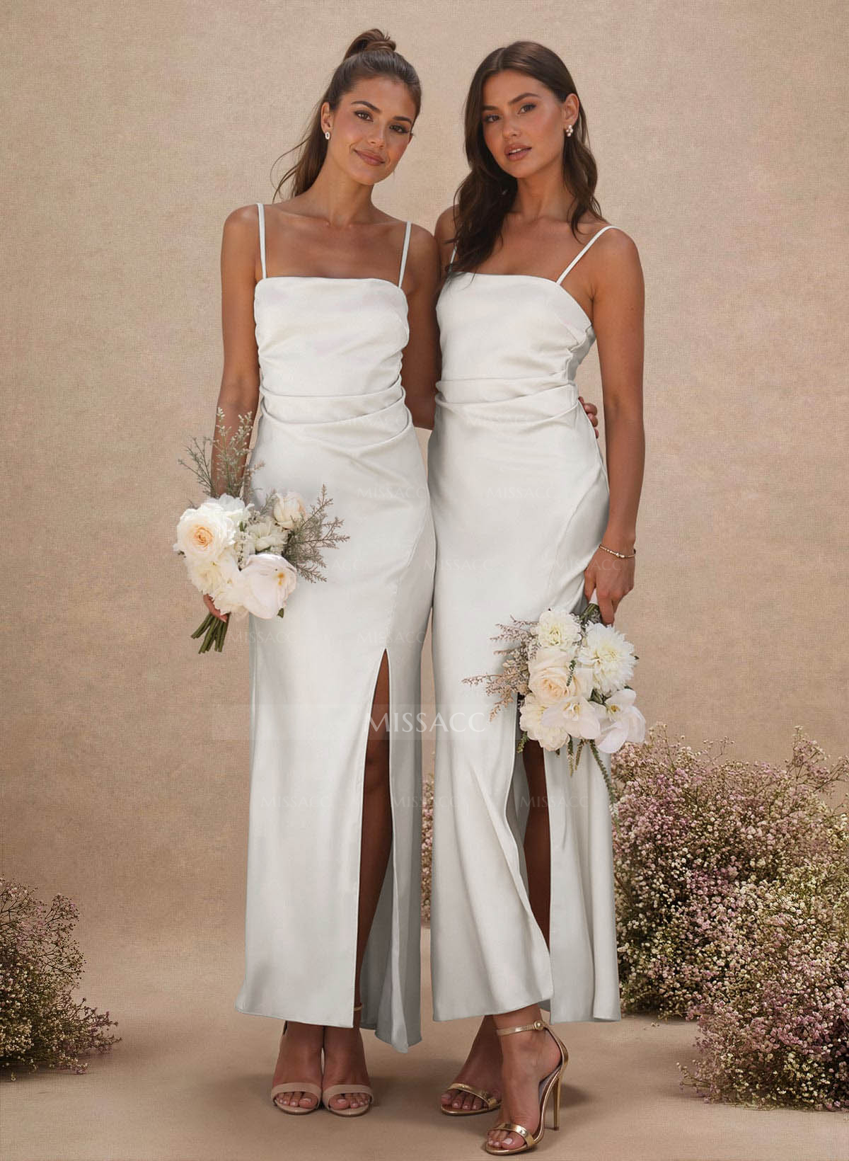 Sheath Sleeveless Tea-Length Charmeuse Bridesmaid Dresses With Split Front