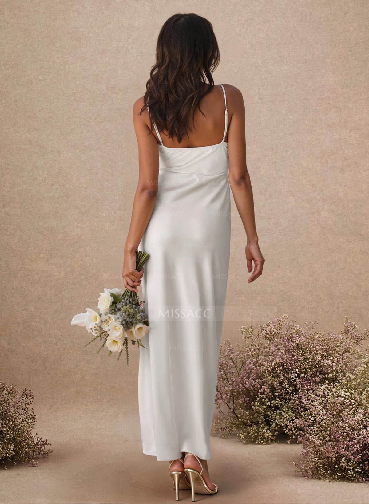 Sheath Sleeveless Tea-Length Charmeuse Bridesmaid Dresses With Split Front
