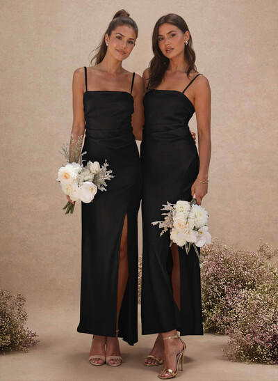 Sheath Sleeveless Tea-Length Charmeuse Bridesmaid Dresses With Split Front