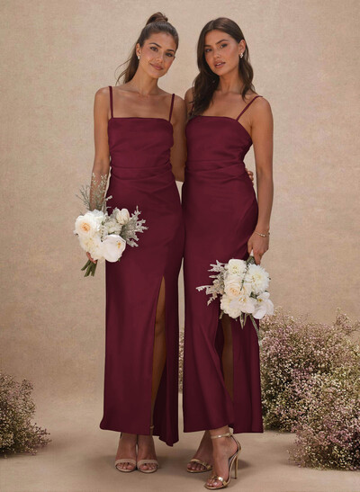 Sheath Sleeveless Tea-Length Charmeuse Bridesmaid Dresses With Split Front