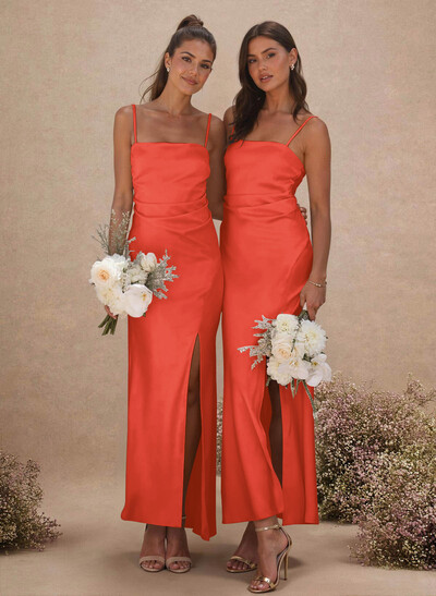 Sheath Sleeveless Tea-Length Charmeuse Bridesmaid Dresses With Split Front