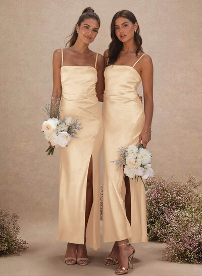 Sheath Sleeveless Tea-Length Charmeuse Bridesmaid Dresses With Split Front