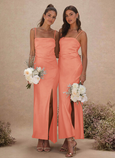 Sheath Sleeveless Tea-Length Charmeuse Bridesmaid Dresses With Split Front