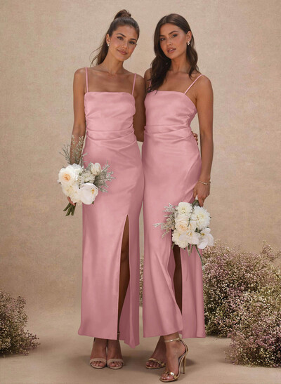Sheath Sleeveless Tea-Length Charmeuse Bridesmaid Dresses With Split Front