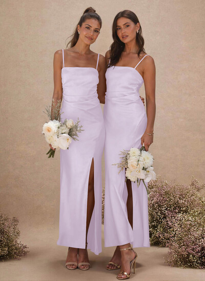 Sheath Sleeveless Tea-Length Charmeuse Bridesmaid Dresses With Split Front