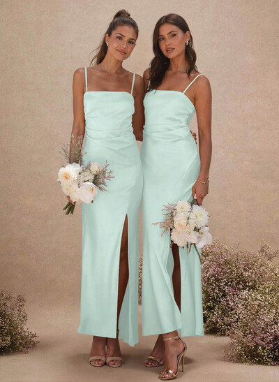 Sheath Sleeveless Tea-Length Charmeuse Bridesmaid Dresses With Split Front