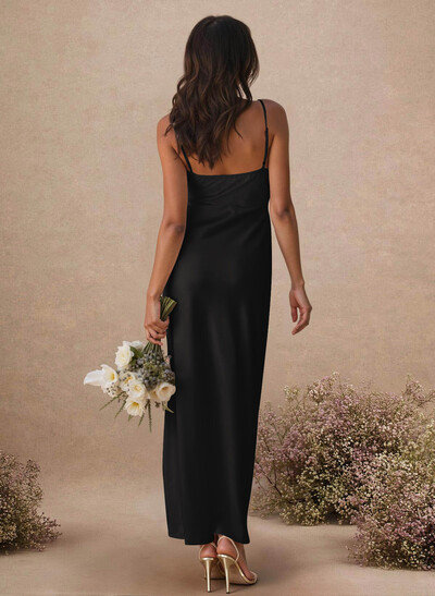 Sheath Sleeveless Tea-Length Charmeuse Bridesmaid Dresses With Split Front