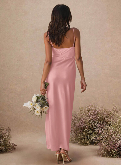 Sheath Sleeveless Tea-Length Charmeuse Bridesmaid Dresses With Split Front