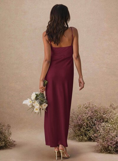 Sheath Sleeveless Tea-Length Charmeuse Bridesmaid Dresses With Split Front