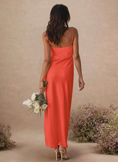 Sheath Sleeveless Tea-Length Charmeuse Bridesmaid Dresses With Split Front