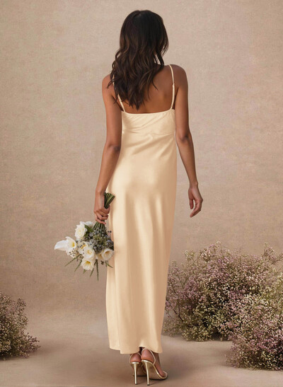 Sheath Sleeveless Tea-Length Charmeuse Bridesmaid Dresses With Split Front