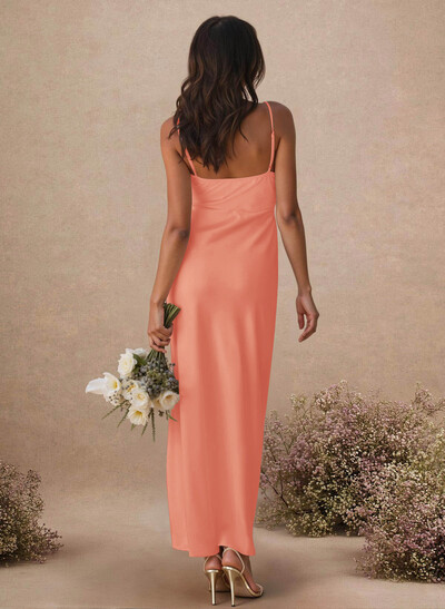 Sheath Sleeveless Tea-Length Charmeuse Bridesmaid Dresses With Split Front