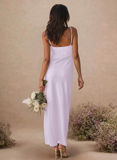 Sheath Sleeveless Tea-Length Charmeuse Bridesmaid Dresses With Split Front