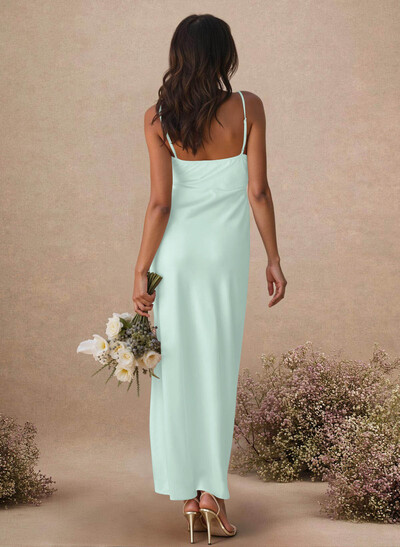 Sheath Sleeveless Tea-Length Charmeuse Bridesmaid Dresses With Split Front