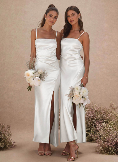 Sheath/Column Sleeveless Ankle-Length Silk Like Satin Bridesmaid Dresses With Split Front