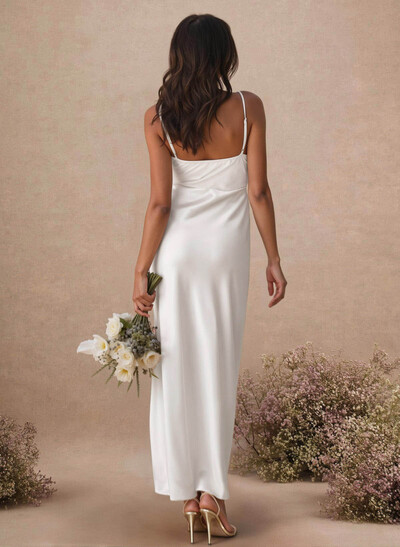 Sheath/Column Sleeveless Ankle-Length Silk Like Satin Bridesmaid Dresses With Split Front