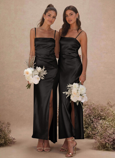 Sheath/Column Sleeveless Ankle-Length Silk Like Satin Bridesmaid Dresses With Split Front