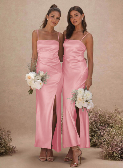 Sheath/Column Sleeveless Ankle-Length Silk Like Satin Bridesmaid Dresses With Split Front