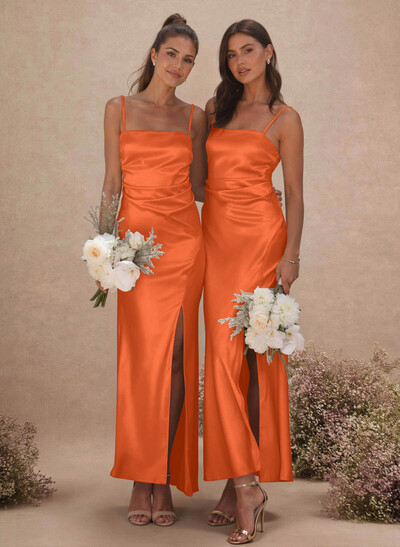 Sheath/Column Sleeveless Ankle-Length Silk Like Satin Bridesmaid Dresses With Split Front